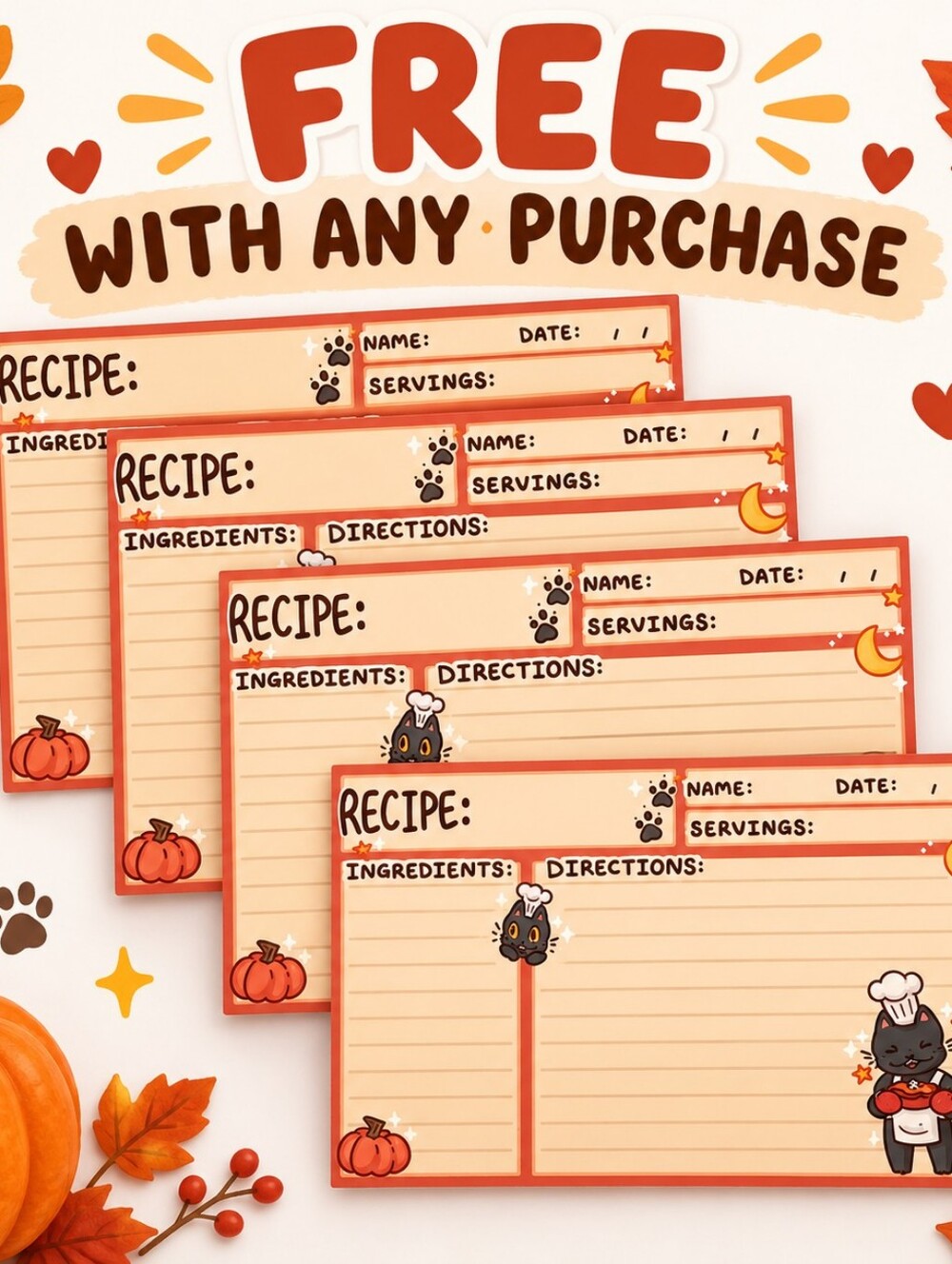 FREE with Any Purchase 🍂 Autumn Cat Recipe Cards – Set of 4